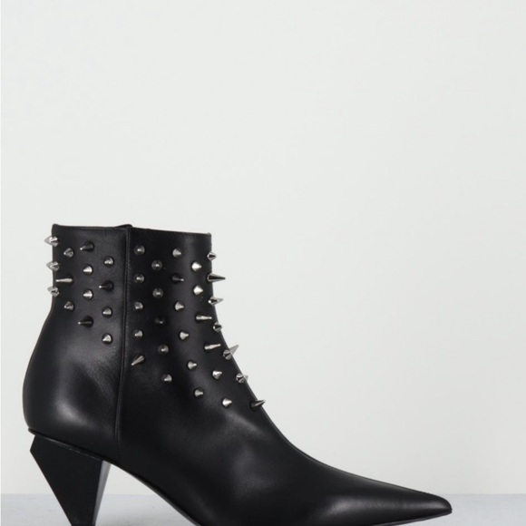 Agl MADE IN ITALY LEATHER Black Studded Ankle Booties with Angular Heel - Picture 2 of 4